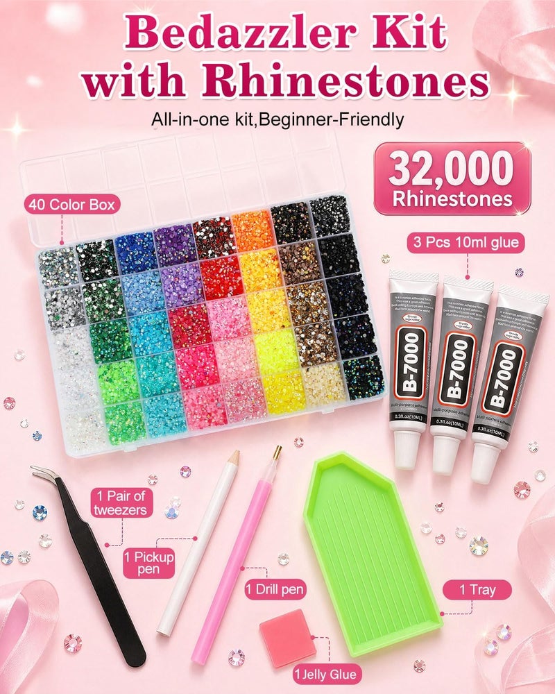 Skiennix Bedazzling Kit with Rhinestones and Tools, 32,000 PCS 40 Colors 3mm Resin Flatback Gems for Jelly Rhinestones with B7000 Glue,Bedazzler Kit for DIY Crafting, Book, Shoes, Nail Art - Image 2
