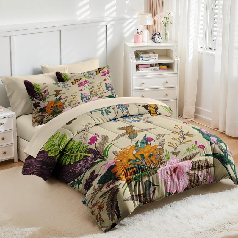 Nesker 7 Pcs Comforter Set Queen Size, Cute Botanical Birds Bedding Set for Kids and Adults, Vintage Flower Plant Sheets Bed Sheet Sets with Fitted Sheet 2 Pillowcases & 2 Shams - Image 4
