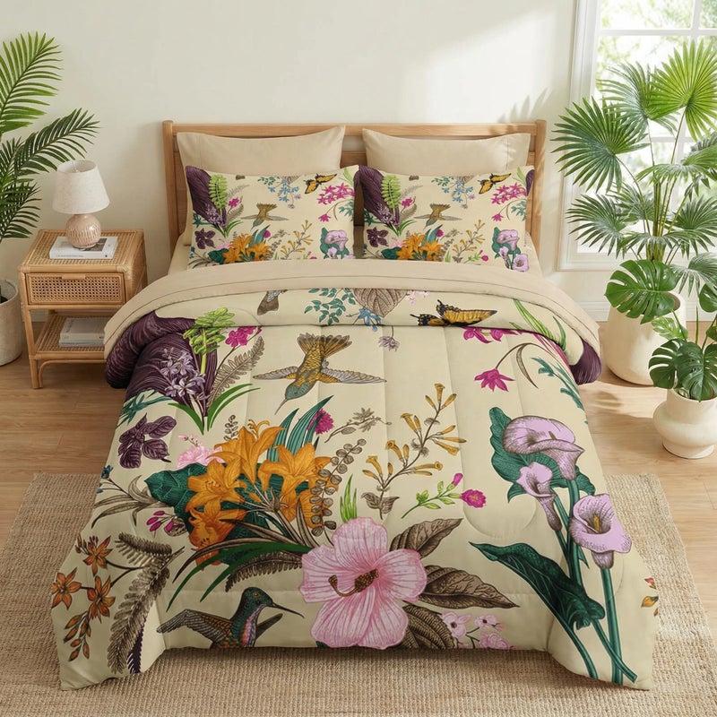 Nesker 7 Pcs Comforter Set Queen Size, Cute Botanical Birds Bedding Set for Kids and Adults, Vintage Flower Plant Sheets Bed Sheet Sets with Fitted Sheet 2 Pillowcases & 2 Shams - Image 1