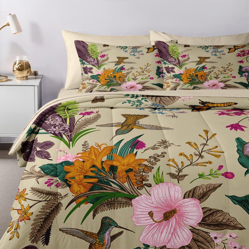 Nesker 7 Pcs Comforter Set Queen Size, Cute Botanical Birds Bedding Set for Kids and Adults, Vintage Flower Plant Sheets Bed Sheet Sets with Fitted Sheet 2 Pillowcases & 2 Shams - Image 5