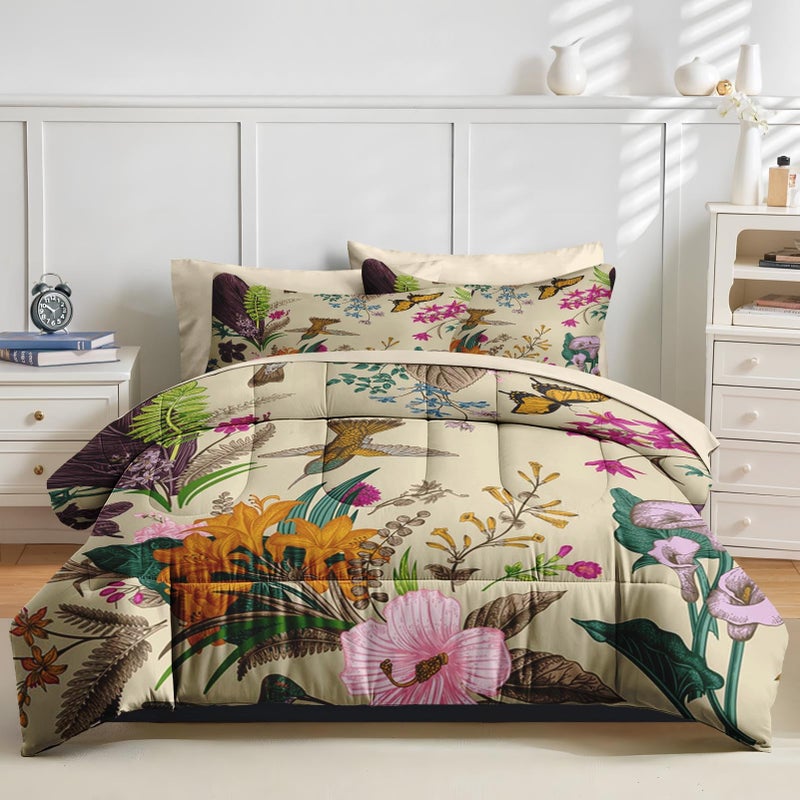 Nesker 7 Pcs Comforter Set Queen Size, Cute Botanical Birds Bedding Set for Kids and Adults, Vintage Flower Plant Sheets Bed Sheet Sets with Fitted Sheet 2 Pillowcases & 2 Shams - Image 2