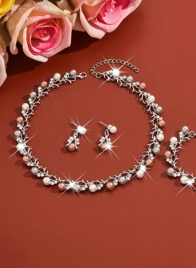 تايك تو طقم مجوهرات قلادة وسوار وأقراط مزينة بلؤلؤ صناعي 3 قطع