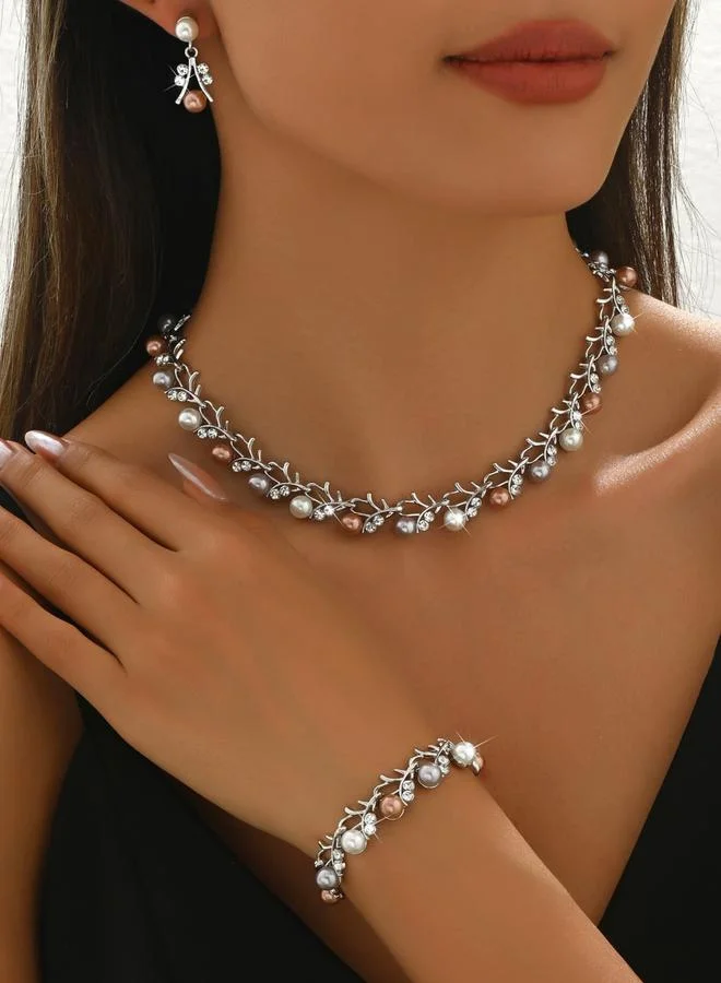 تايك تو طقم مجوهرات قلادة وسوار وأقراط مزينة بلؤلؤ صناعي 3 قطع