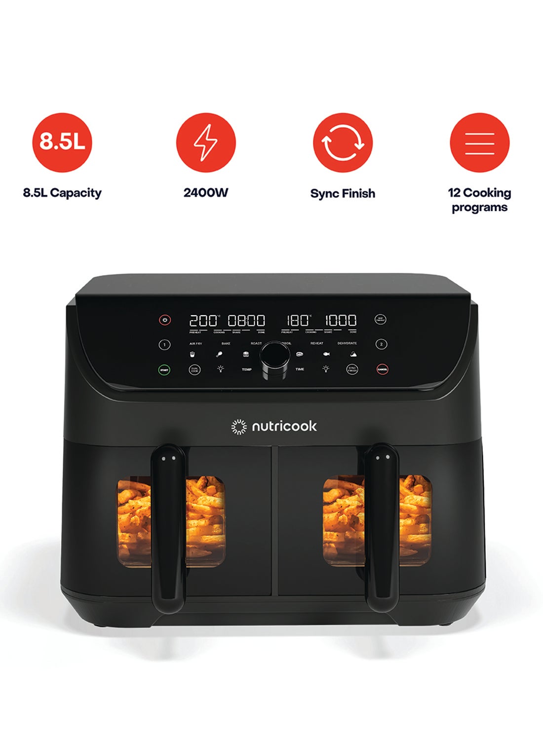 Digital Air Fryer Duo Vision,8.5L Capacity with Clear Window & Internal Light, Independently Controlled Dual Baskets,6 Presets, Air Fry, Bake, Roast,Broil,Reheat&Dehydrate, 2 Years Warranty 8.5 L 2400 W NC-AFD185V Black