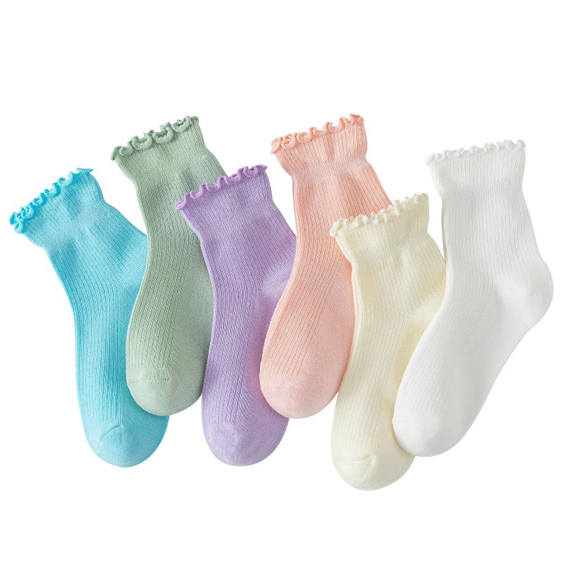 Hstyle Ruffle Socks Women, Turn-Cuff Casual Cute Ankle Socks 6 Pairs Mixed Color - Image 1