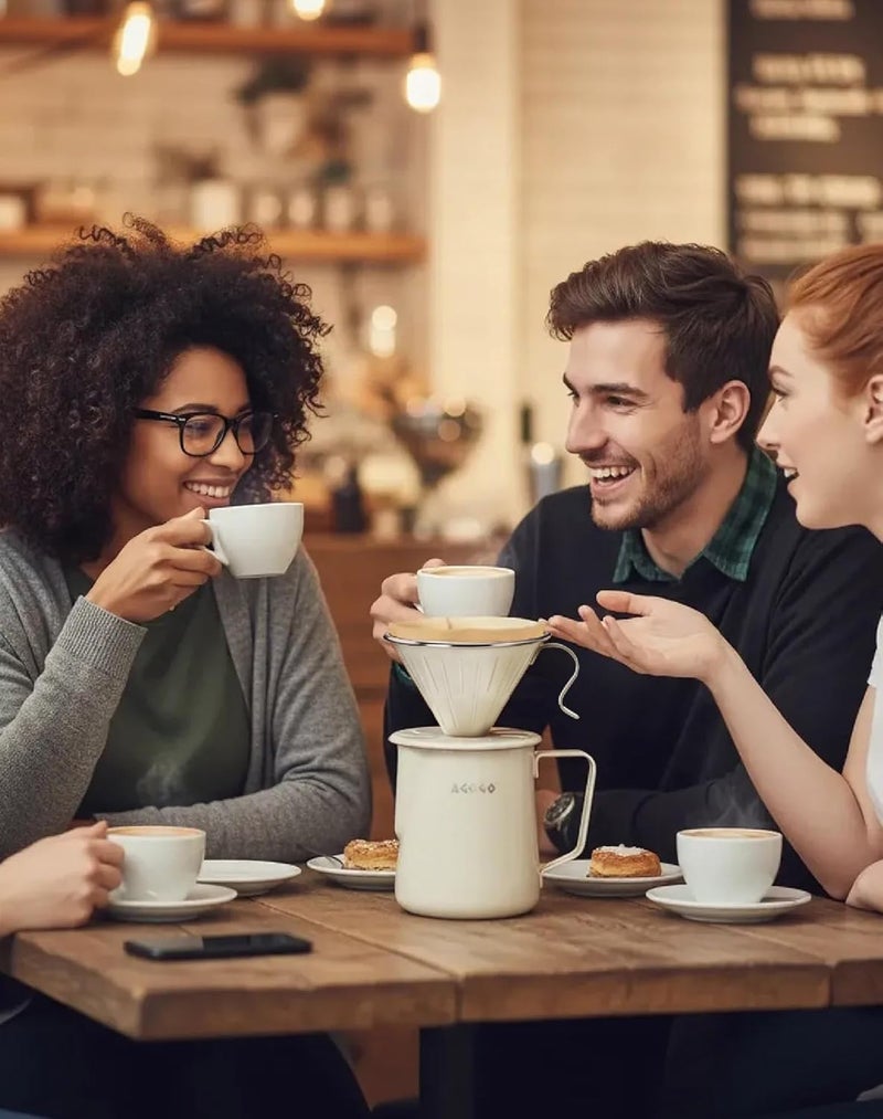 أجوجو مجموعة صانع القهوة بالتنقيط من أجوجو - جهاز التنقيط والخادم V60 الفولاذي المقاوم للصدأ 304 غير القابل للكسر للتخييم والمنزل، تشمل 50 مرشح ورقي ومنشفة بارستا - كريمي أبيض - 600 مل - Image 5