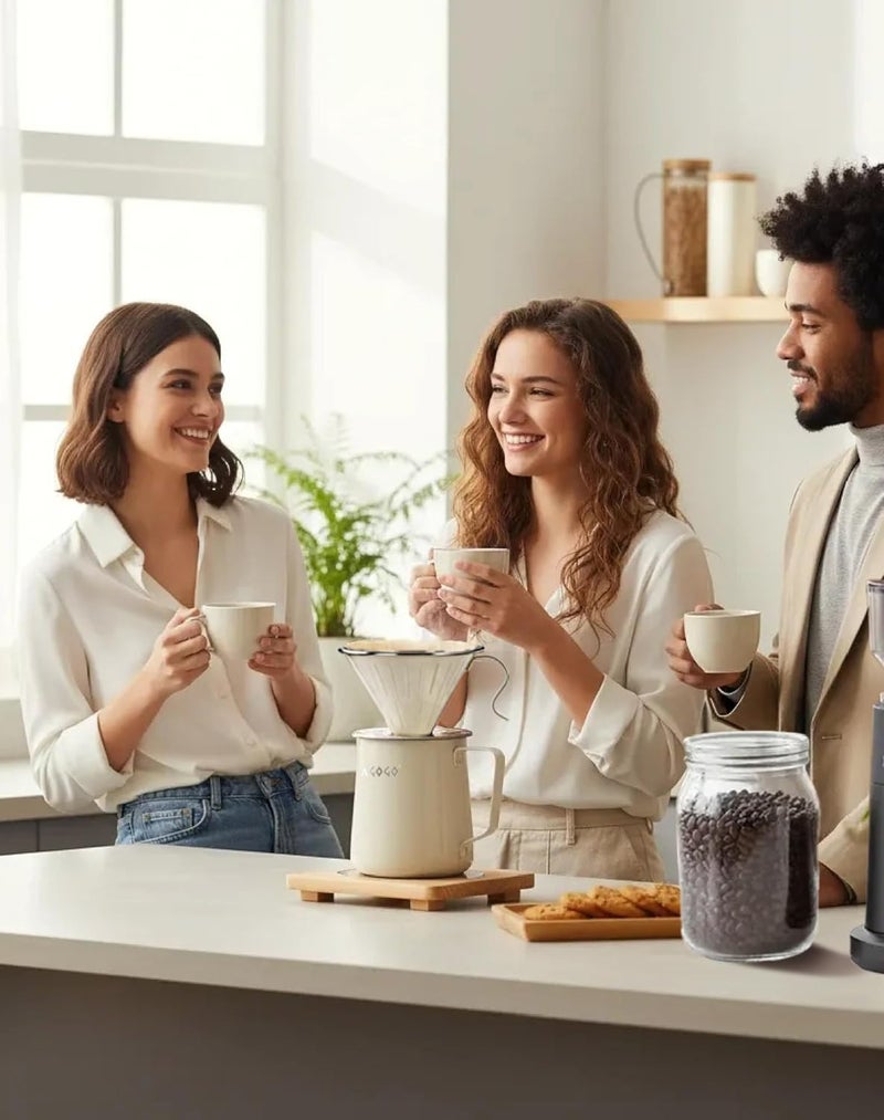 أجوجو مجموعة صانع القهوة بالتنقيط من أجوجو - جهاز التنقيط والخادم V60 الفولاذي المقاوم للصدأ 304 غير القابل للكسر للتخييم والمنزل، تشمل 50 مرشح ورقي ومنشفة بارستا - كريمي أبيض - 600 مل - Image 4