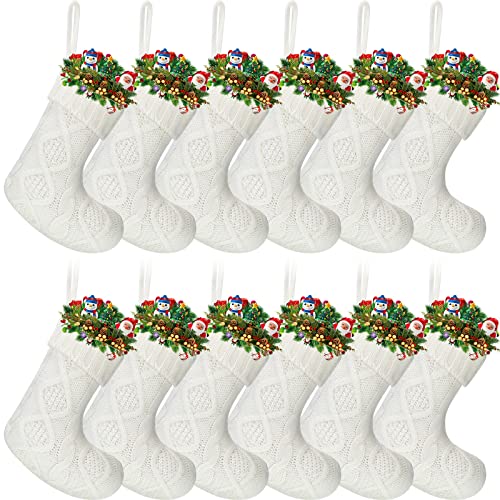 Zubebe Pack of 12 Mini Knit Christmas Stockings 6 Inch Knitted Xmas Family Holiday Hanging Cable Stocking Gifts Decorations for Fireplace Tree DecorWhite - Image 1