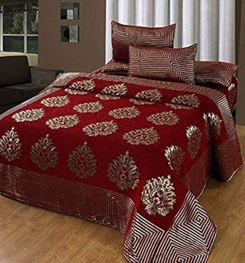 SpangleHomes Spangle Homes 500 TC Velvet Chenille Weaved Double King Bedsheet with 2 Pillow Covers Maroon 90 inch X 100 inch