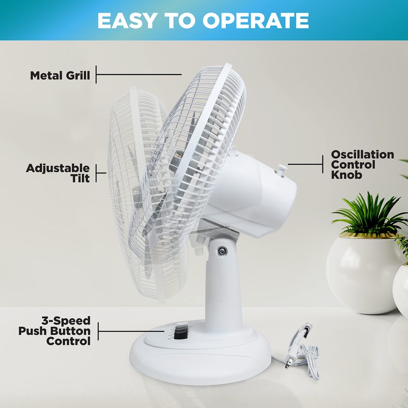 Comfort Zone Oscillating Table Fan with Adjustable Tilt, Convenient Push Button Controls, Quiet, 12 inch, 3 Speed, Desk Fan, Airflow 7.25 ft/sec, Ideal for Home, Bedroom, Dorm & Office, CZ121WT - Image 3