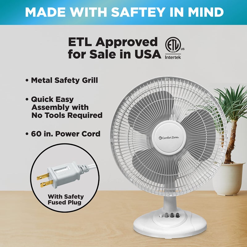 Comfort Zone Oscillating Table Fan with Adjustable Tilt, Convenient Push Button Controls, Quiet, 12 inch, 3 Speed, Desk Fan, Airflow 7.25 ft/sec, Ideal for Home, Bedroom, Dorm & Office, CZ121WT - Image 5