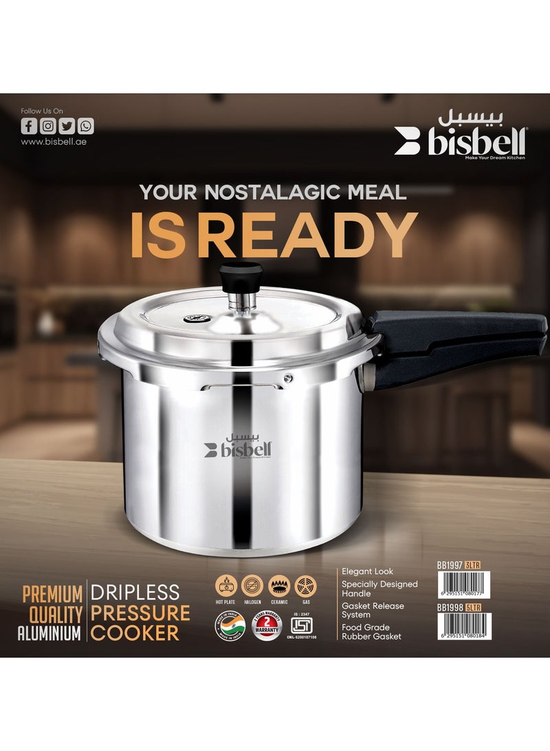 Bisbell 5centigram Premium Aluminium Dripless Pressure Cooker, 5 Litre, with Safety Gasket Vent|BB1998 Silver Silver - Image 1