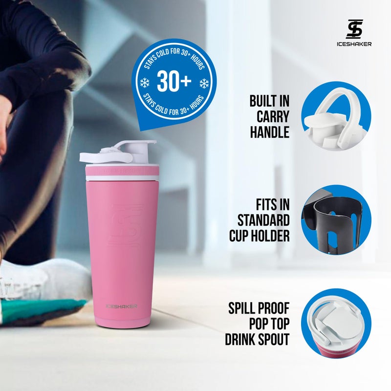 Ice Shaker زجاجة هزازة معزولة من الفولاذ المقاوم للصدأ | 26 أونصة، وردي | تبقى باردة لمدة 30+ ساعة | كوب معزول مع محرك دوار | زجاجة خالية من الروائح لخلطات البروتين، الماء، العصائر، الكوكتيلات - Image 3