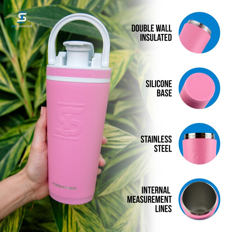 Ice Shaker زجاجة هزازة معزولة من الفولاذ المقاوم للصدأ | 26 أونصة، وردي | تبقى باردة لمدة 30+ ساعة | كوب معزول مع محرك دوار | زجاجة خالية من الروائح لخلطات البروتين، الماء، العصائر، الكوكتيلات - Image 2