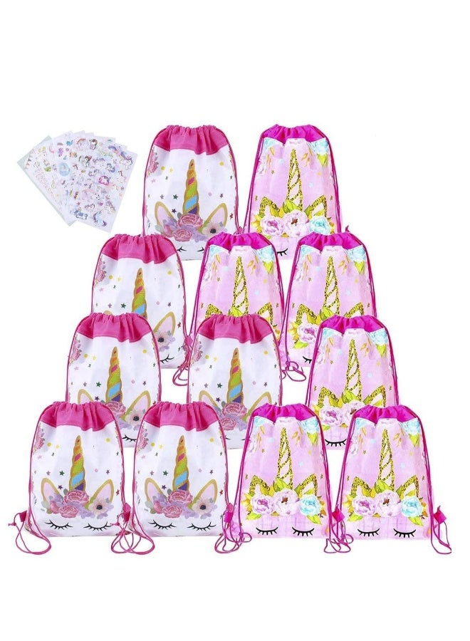 12 Pack Unicorn Drawstring Party Bags with 6 Unicorn Stickers, Unicorn Drawstring Backpacks Party Favor Bags Supplies for Kids Birthday Party Baby Shower - Image 1