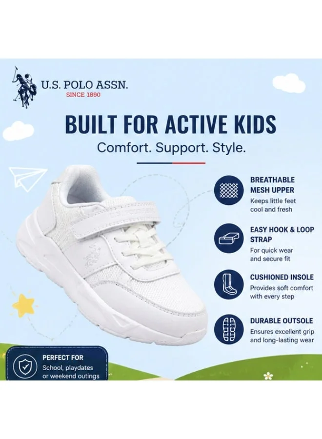 U.S. Polo Assn.  U.S. Polo Assn. Kids White Mesh Sneakers | Lightweight Breathable School & Casual Shoes | Hook & Loop Strap with Lace Design | Non-Slip Walking Shoes for Boys & Girls  | Best Price UAE