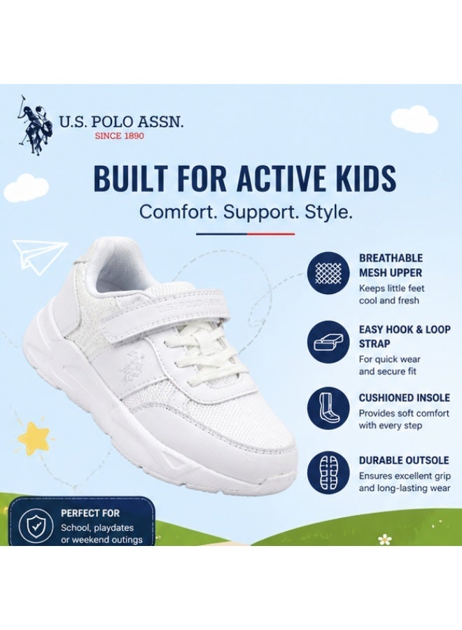 U.S. Polo Assn. Kids White Mesh Sneakers | Lightweight Breathable School & Casual Shoes | Hook & Loop Strap with Lace Design | Non-Slip Walking Shoes for Boys & Girls - Image 3