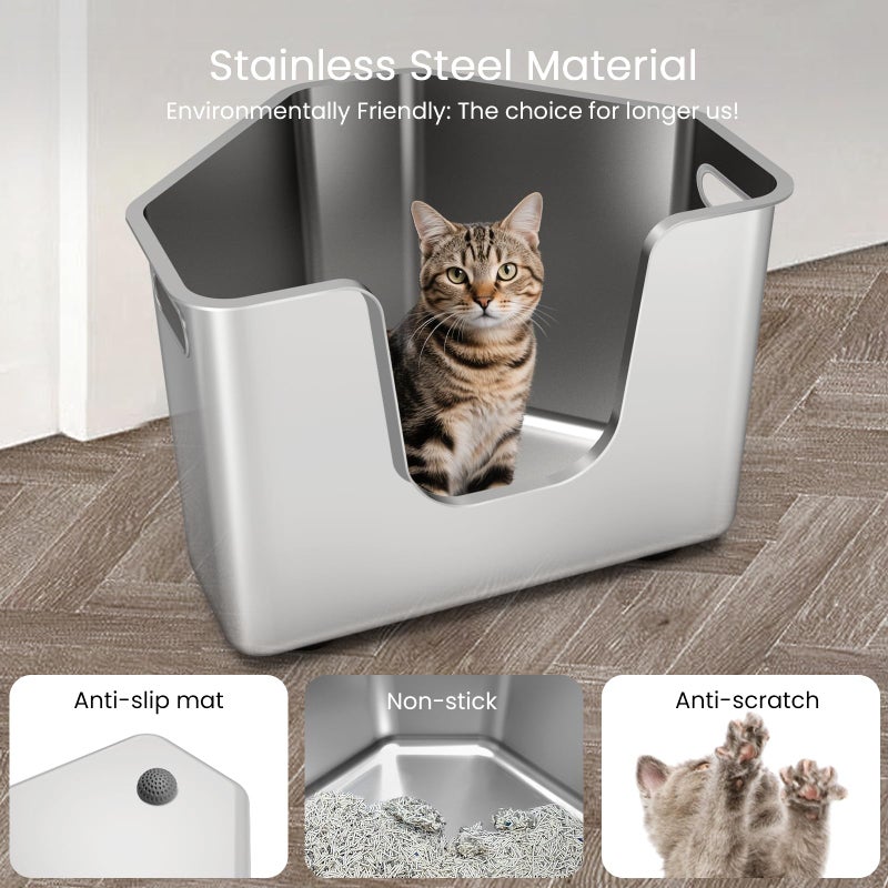 PWTAA Stainless Steel Corner Cat Litter Box, Metal Litter Box with High Sided, One-Piece Corner Cat Toilet, No Assembly Required, Non-Stick, No Odor Kitten Litter Pan, Easy to Clean, for Small Medium Cats - Image 3