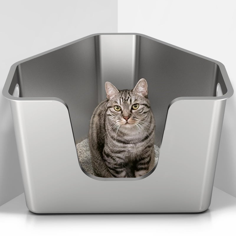 PWTAA Stainless Steel Corner Cat Litter Box, Metal Litter Box with High Sided, One-Piece Corner Cat Toilet, No Assembly Required, Non-Stick, No Odor Kitten Litter Pan, Easy to Clean, for Small Medium Cats - Image 1