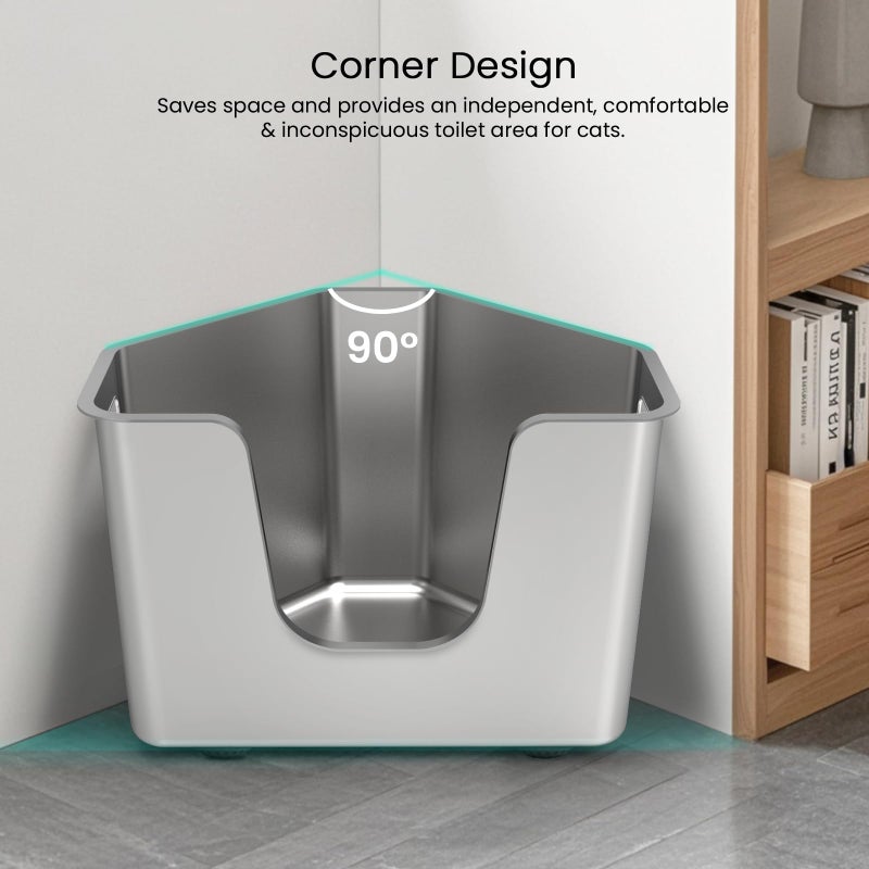 PWTAA Stainless Steel Corner Cat Litter Box, Metal Litter Box with High Sided, One-Piece Corner Cat Toilet, No Assembly Required, Non-Stick, No Odor Kitten Litter Pan, Easy to Clean, for Small Medium Cats - Image 5