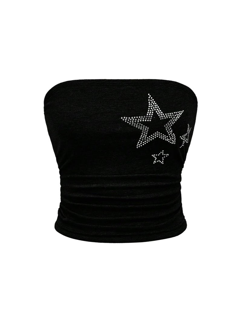WDIRARA Women's Star Rhinestone Ruched Strapless Crop Tube Top Y2k Graphic Bandeau Tops Black Medium - Image 1