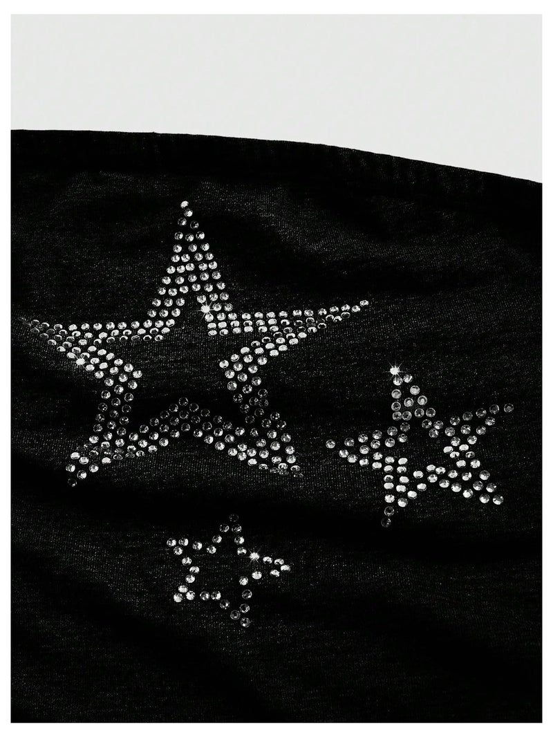 WDIRARA Women's Star Rhinestone Ruched Strapless Crop Tube Top Y2k Graphic Bandeau Tops Black Medium - Image 3