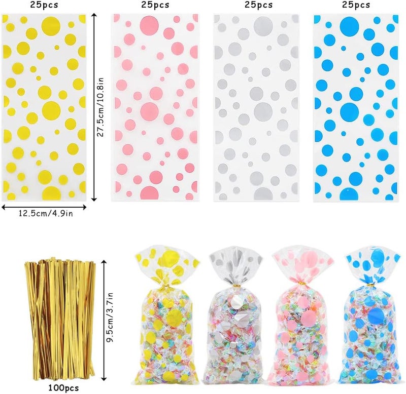 Geluode Polka Dot Cellophane Bags, 100pcs Clear Treat Bags, Plastic Easter Cello Bags Sweets Bags with 100 Twist Ties for Goodie, Cookies, Nut, Gift Wrap, Wedding Birthday Party Favor Supplies (4 Pattern) - Image 3