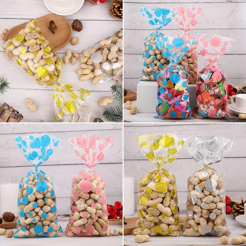Geluode Polka Dot Cellophane Bags, 100pcs Clear Treat Bags, Plastic Easter Cello Bags Sweets Bags with 100 Twist Ties for Goodie, Cookies, Nut, Gift Wrap, Wedding Birthday Party Favor Supplies (4 Pattern) - Image 5