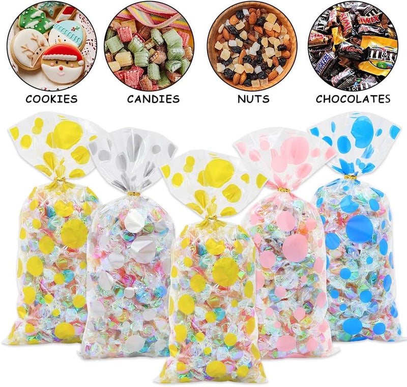 Geluode Polka Dot Cellophane Bags, 100pcs Clear Treat Bags, Plastic Easter Cello Bags Sweets Bags with 100 Twist Ties for Goodie, Cookies, Nut, Gift Wrap, Wedding Birthday Party Favor Supplies (4 Pattern) - Image 2