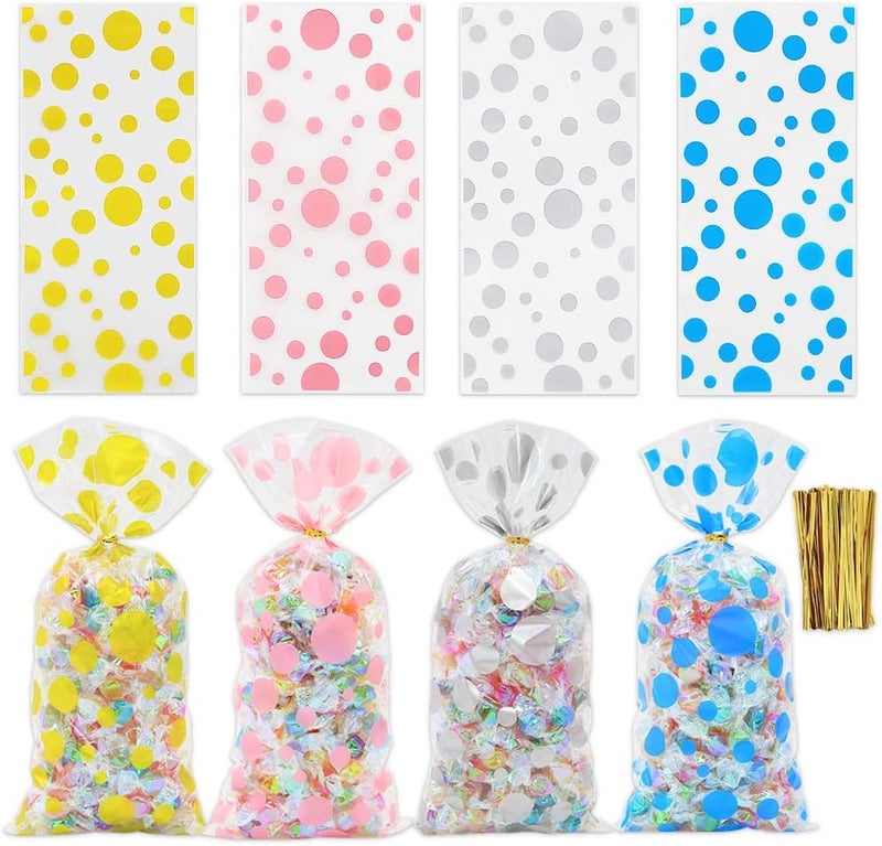 Geluode Polka Dot Cellophane Bags, 100pcs Clear Treat Bags, Plastic Easter Cello Bags Sweets Bags with 100 Twist Ties for Goodie, Cookies, Nut, Gift Wrap, Wedding Birthday Party Favor Supplies (4 Pattern) - Image 1