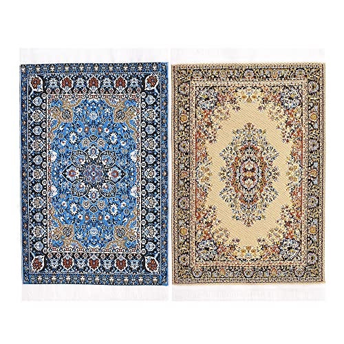 iLAND Miniature Dollhouse Accessories Vintage of Carpet for Dollhouse Furniture on 1/12 Scale and 3” - 12” Dolls, Woven Dollhouse Rugs 6” x 3.8”(2pcs Brilliance) - Image 1