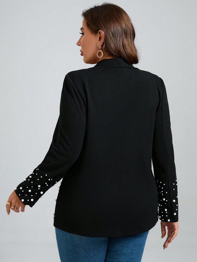 WDIRARA Women's Pearls Trim Blazers Open Front Long Sleeve Shawl Collar Elegant Suits Jackets Evening Wear Black X-Large Plus - Image 2