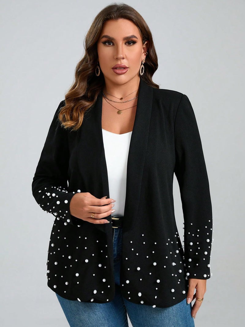WDIRARA Women's Pearls Trim Blazers Open Front Long Sleeve Shawl Collar Elegant Suits Jackets Evening Wear Black X-Large Plus - Image 4