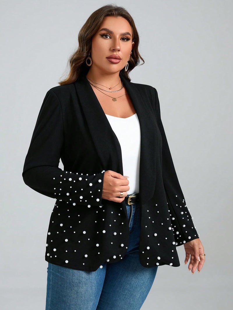 WDIRARA Women's Pearls Trim Blazers Open Front Long Sleeve Shawl Collar Elegant Suits Jackets Evening Wear Black X-Large Plus - Image 3