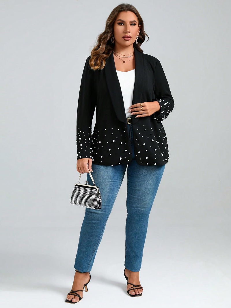 WDIRARA Women's Pearls Trim Blazers Open Front Long Sleeve Shawl Collar Elegant Suits Jackets Evening Wear Black X-Large Plus - Image 5