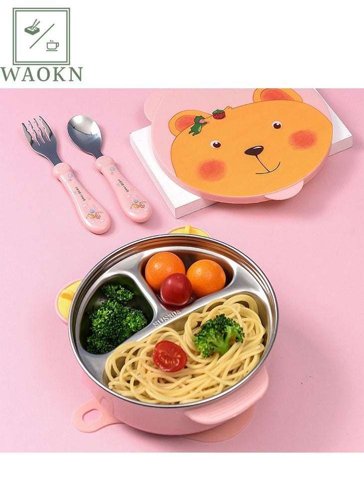 WAOKN - Stainless Steel Lunch Box for Boys Girls Thermal Leakproof Bento Box Ideal Portion Sizes for Kids Snack Container Pink Bear - Image 1