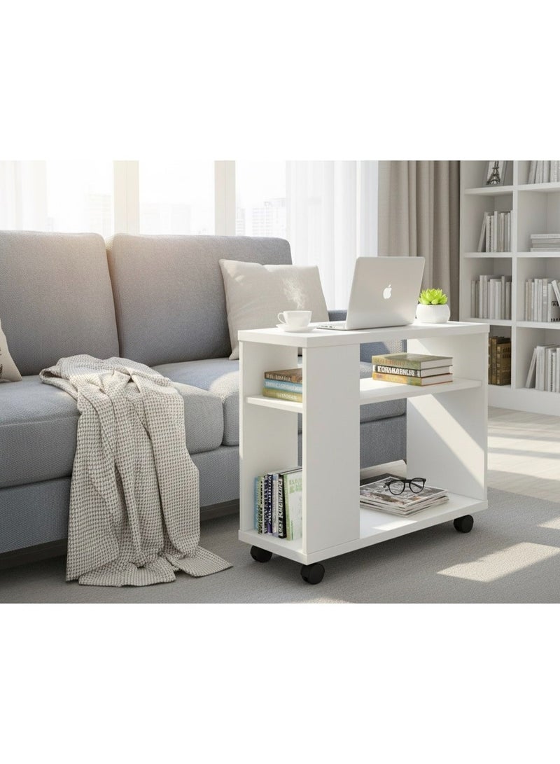 Eleva Home Modern Wooden Side Table with Shelves & Casters, Multifunctional End Table for Small Space, White - Image 3
