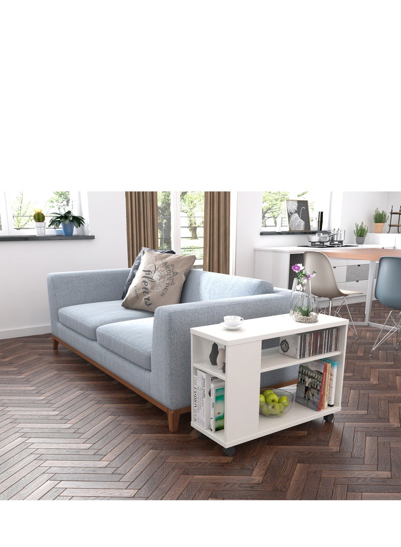 Eleva Home Modern Wooden Side Table with Shelves & Casters, Multifunctional End Table for Small Space, White - Image 2