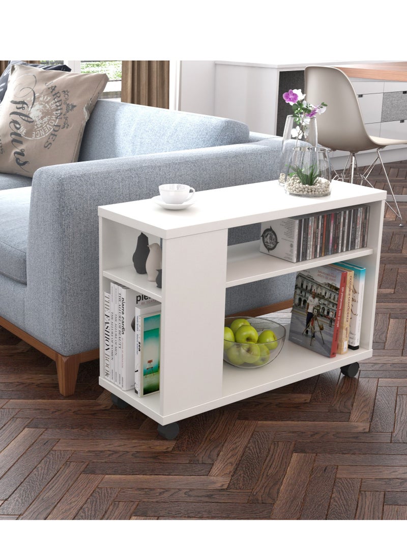 Eleva Home Modern Wooden Side Table with Shelves & Casters, Multifunctional End Table for Small Space, White - Image 1