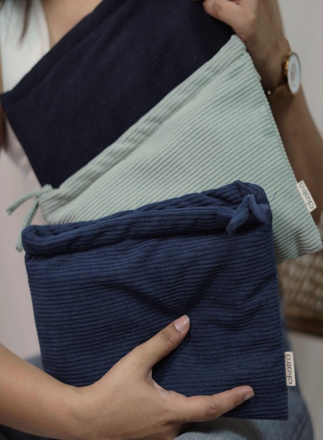 Ekatra Corduroy Pouch | 2 Pockets | Metal Zipper | 9x7 Inches | Soft Cotton Travel Pouch for Cosmetics, Stationery, Daily Essentials | Handcrafted Multipurpose Organizer - Sage - Image 5