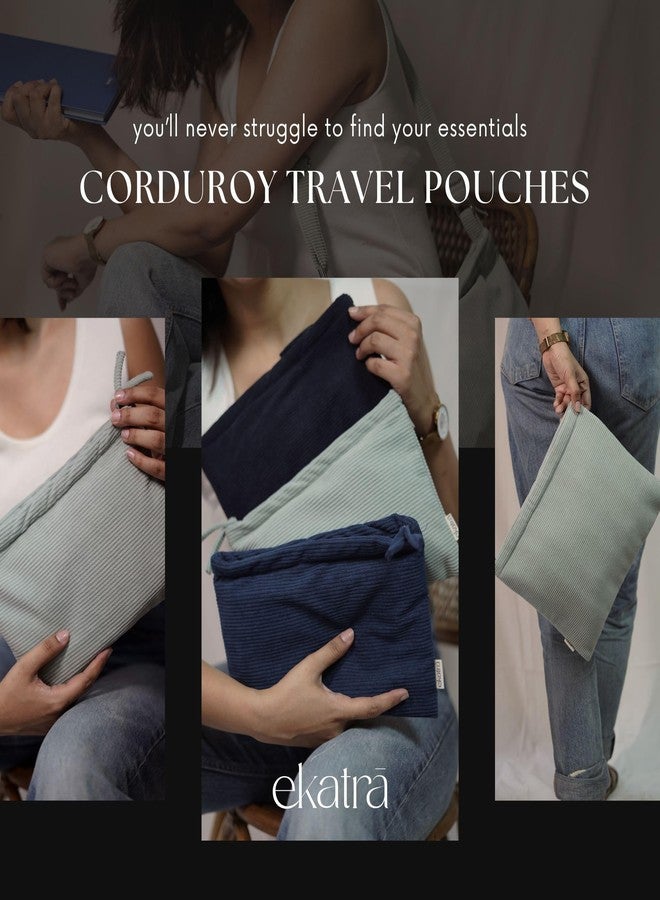 Ekatra Corduroy Pouch | 2 Pockets | Metal Zipper | 9x7 Inches | Soft Cotton Travel Pouch for Cosmetics, Stationery, Daily Essentials | Handcrafted Multipurpose Organizer - Sage - Image 3