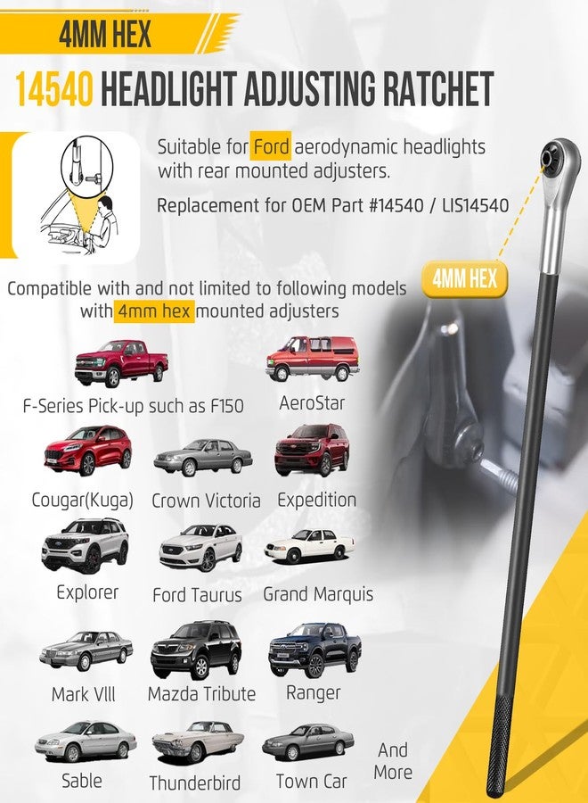 Krenlory 14540 Headlight Adjusting Ratchet Wrench for Ford, 4MM Hex Tool for Headlight Adjustment Screw - Image 2