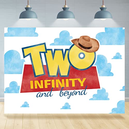 Rsuuinu Two Infinity and Beyond Backdrop 2nd Birthday Hat Blue Clouds Birthday Party Supplies Decorations Photography Background for Kids Boys Second Birthday Cake Table Banner Photo Booth Props 7x5ft - Image 1