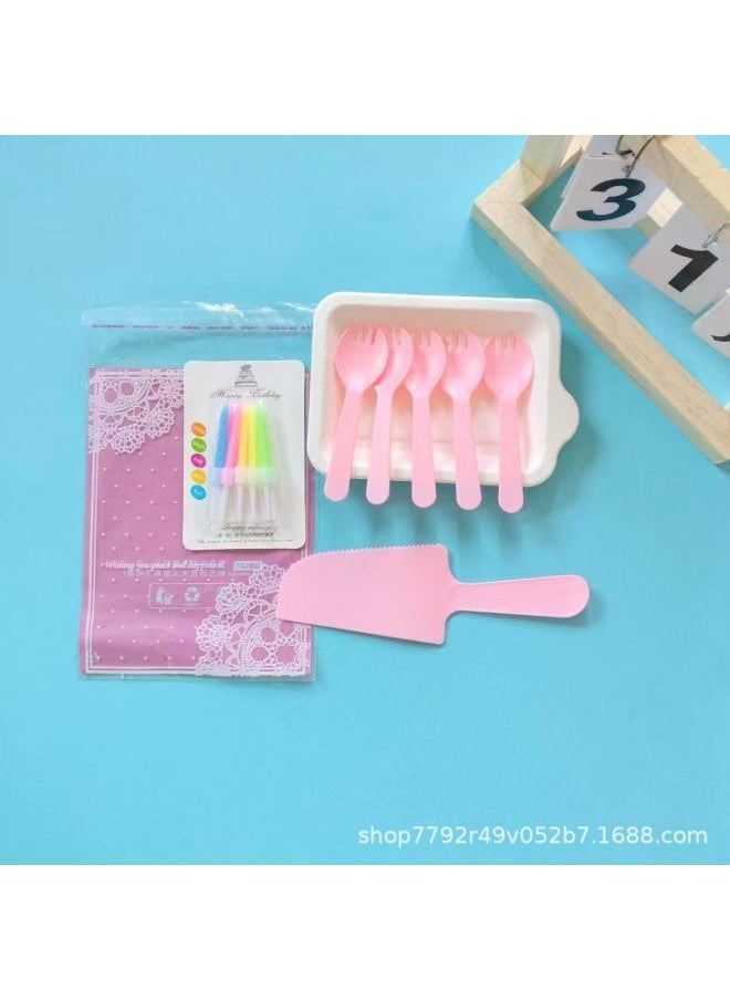 Generic Cake Shop Tableware Birthday Cake Paper Plate Spoon Fork Birthday Daily Supplies Disposable Suit Environmental Protection-Color:Sweet Powder-Specifications:5 Plates, 5 Prongs + Machete + Candles  - Image 1