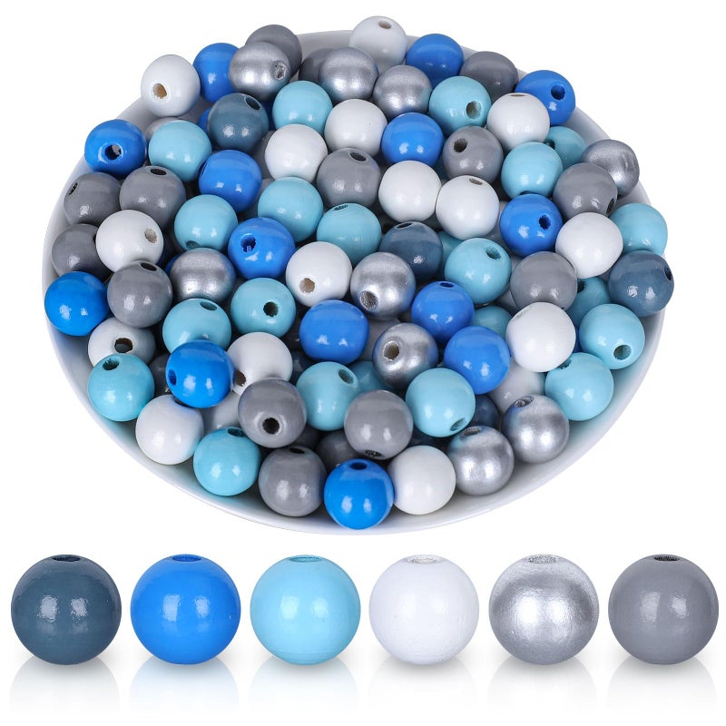 Whaline 240Pcs Winter Blue Wood Beads Christmas Silver White Blue Wood Craft Beads Rustic Farmhouse Loose Beads Tiered Tray Decor Garland for Winter DIY Making Bracelet Necklace Home Decor 6 Styles