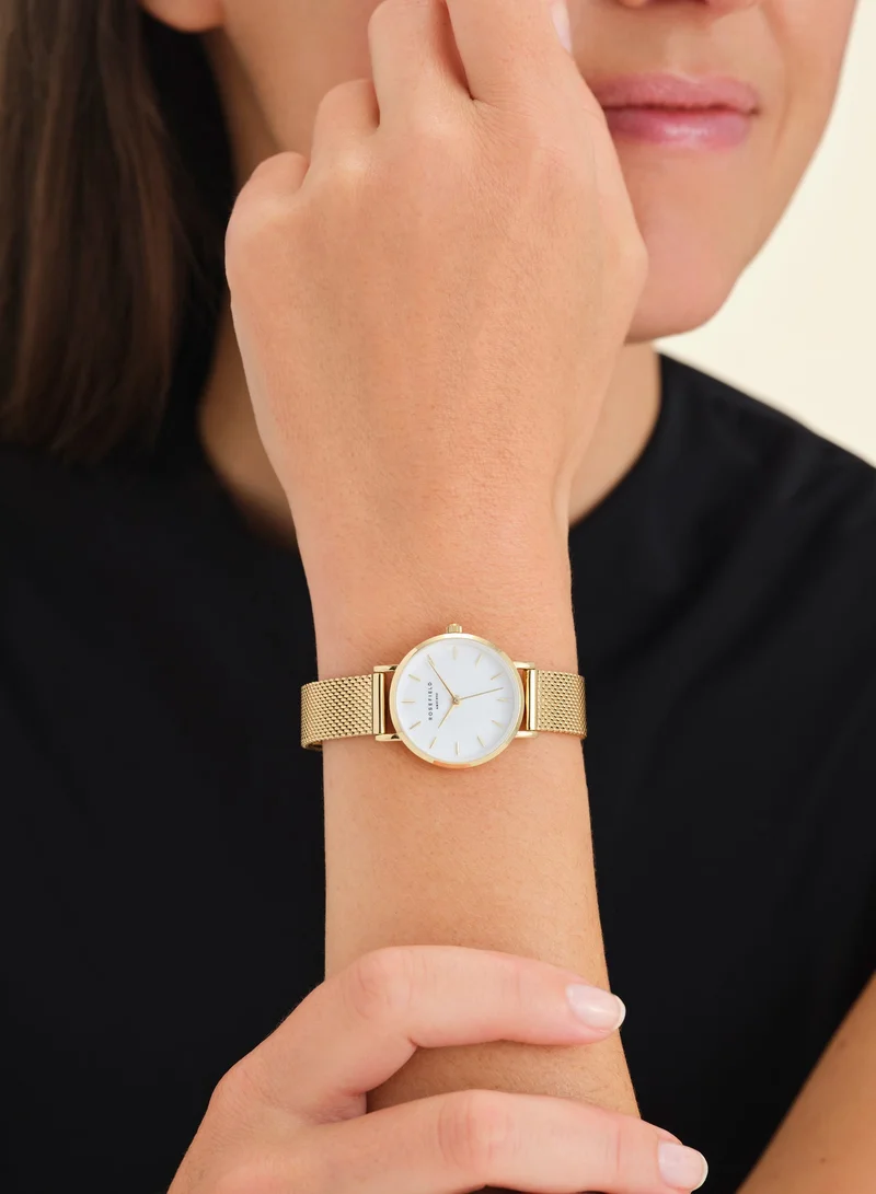 Rosefield  Women's Small Edit Round Analogue Watch, White Mother-of-Pearl Dial, Gold Mesh Bracelet for Women | Best Price UAE