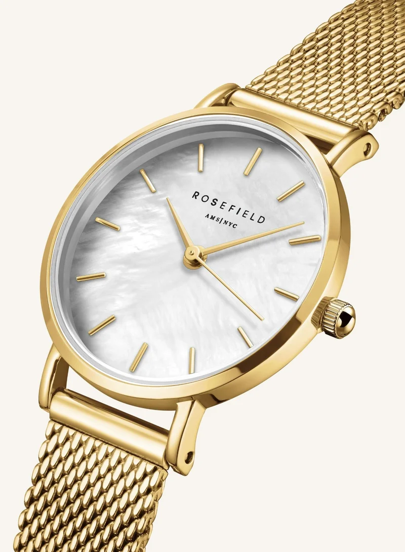 Rosefield  Women's Small Edit Round Analogue Watch, White Mother-of-Pearl Dial, Gold Mesh Bracelet for Women | Best Price UAE