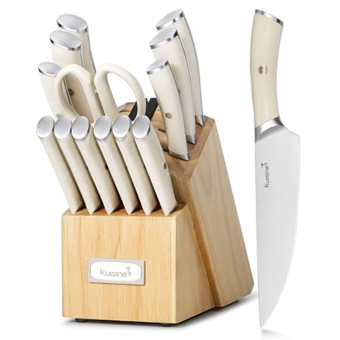 Kuisine Chef Knife Set,High Carbon Stainless Steel Block Knife Set,Knife Block Set with Built-in Sharpener,Sharp Knife Set Forged,Elegant Gift(Ivory,15pcs