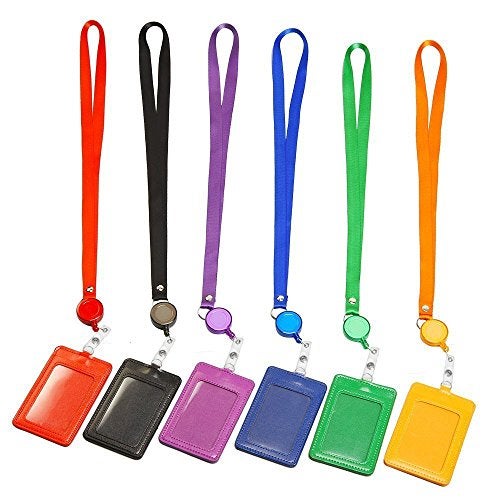 Coolrunner 6 PCS ID Badge Card Holder, Name Badge Holder with Lanyard, Neck Lanyard id Holder for Women Men, Coolrunner 2-Sided PU Leather Vertical Business Card Holder Vertical/Horizontal (2.8" W x 4.3" H) - Image 1