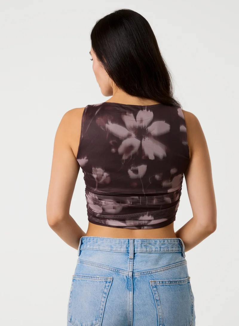 Pink Vanilla Floral Mesh Ruched Side Top